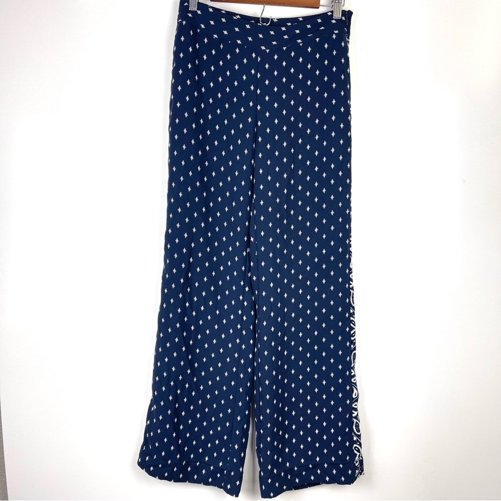 Cabi Trackstar Wide Leg Pants Blue Print Women’s Casual Resort Office Pockets